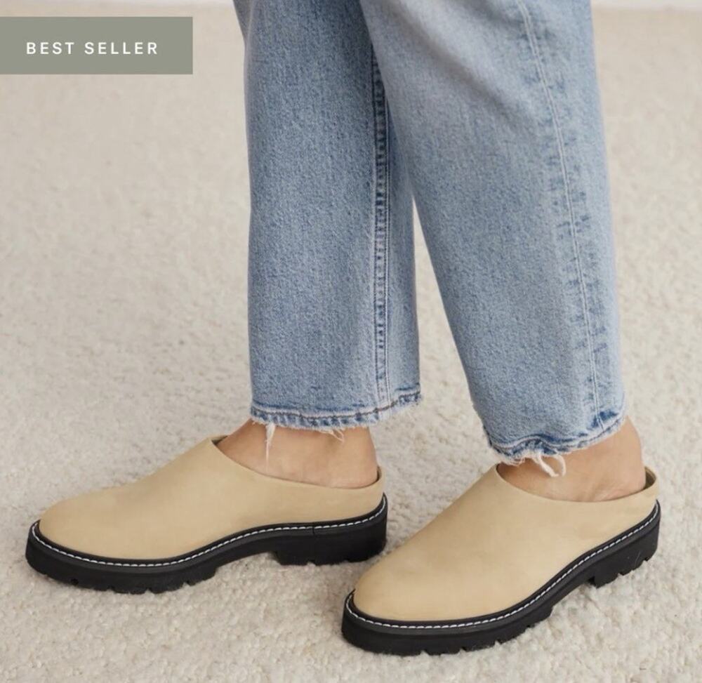 Jenni Kayne Women's Oiled Leather Lug Sole Mules Sand Beige Tan Chunky Sz 39/8